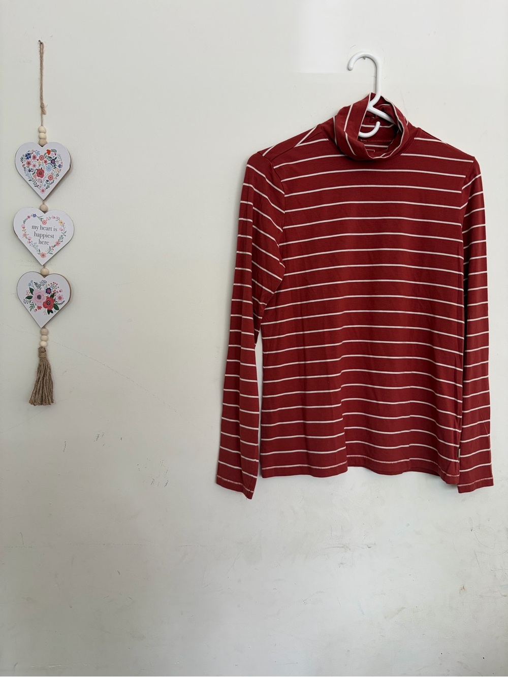 L.L. Bean Long Sleeve Burnt Orange Red White Stripes Soft Mock Neck Lightweight